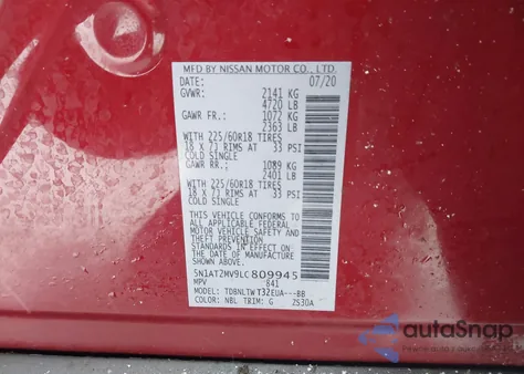 2020 Nissan Rogue Sv Intelligent Awd z USA, uszkodzony, nr VIN 5N1AT2MV9LC809945